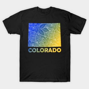 Colorful mandala art map of Colorado with text in blue and yellow T-Shirt